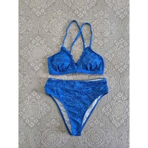 Cupshe Blue Floral Jacquard Scalloped High Waisted Bikini Medium DAA12C4D010TT
